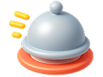 Cloche de service métallique grise sur base orange, avec trois formes jaunes symbolisant alerte ou sonnerie. Icône de livraison ou notification repas.