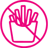 Icône rose interdisant les frites. Un panier de frites barré, symbolisant l'interdiction de consommation ou les règles alimentaires strictes.