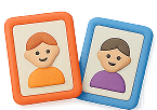 Deux portraits d'hommes souriants en argile stylisée, l'un roux cadre orange, l'autre brun cadre bleu. Icônes de profil.