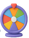 Roue de la fortune 3D multicolore avec huit segments colorés (rouge, orange, vert, bleu, violet, jaune). Pointeur rouge.