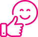 Visage souriant et pouce levé en rose, pictogramme de satisfaction et d'approbation pour un feedback positif.