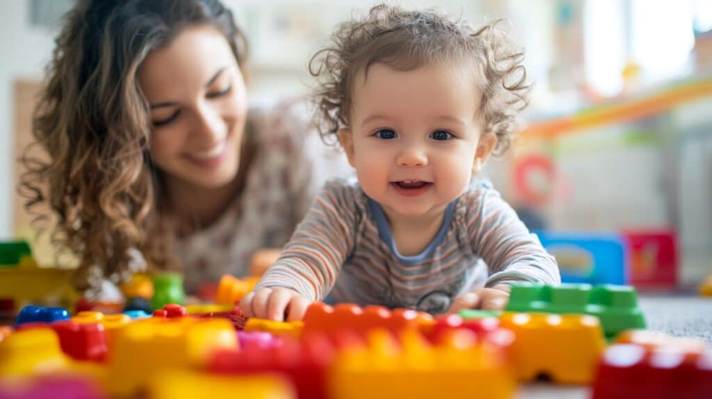 Bébé souriant et maman : Heureux moments de jeu coloré Bébé aux boucles souriant, entouré de blocs colorés. Sa maman regarde avec amour en arrière-plan flou.
