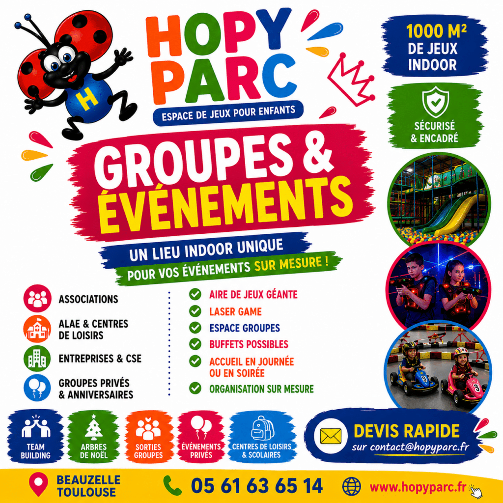 Hopy Parc Toulouse : parc de jeux indoor pour groupes et événements avec laser game, aire géante et karting sécurisé.
