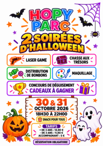 Soirées Halloween 2026 au HOPY PARC : Laser Game et Concours Soirées Halloween 2026 au HOPY PARC les 30 et 31 octobre : laser game, maquillage, bonbons et grand concours de déguisement.